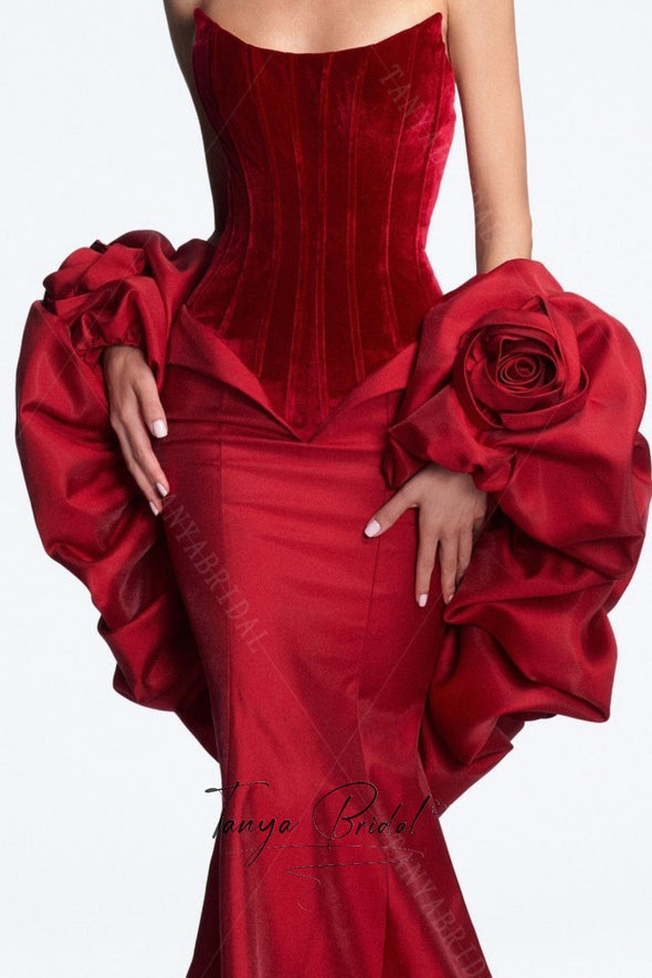 Red Satin Wedding Puffy Cape With Romantic Flowers DJ379