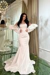 White Bubble Sleeves Strapless Mermaid Prom Dresses Lace-up