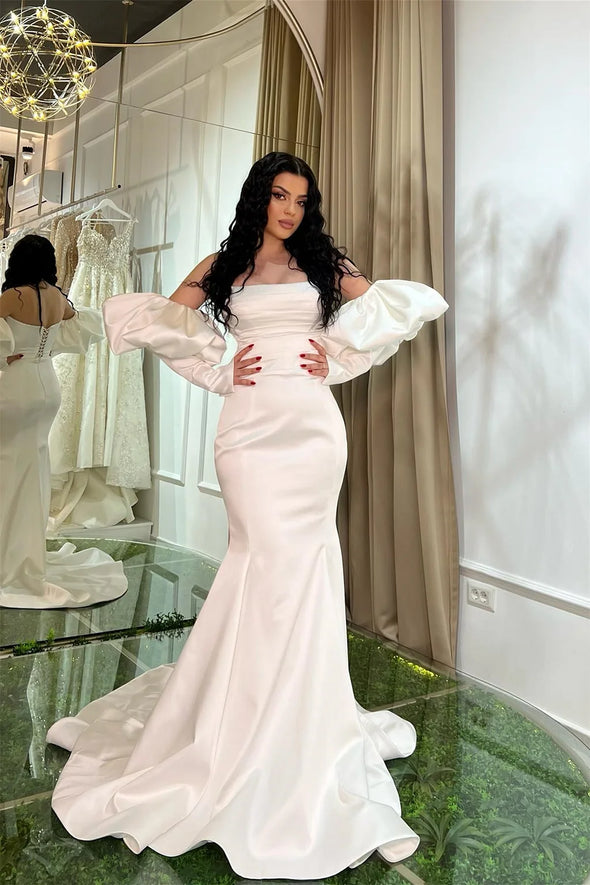 White Bubble Sleeves Strapless Mermaid Prom Dresses Lace-up