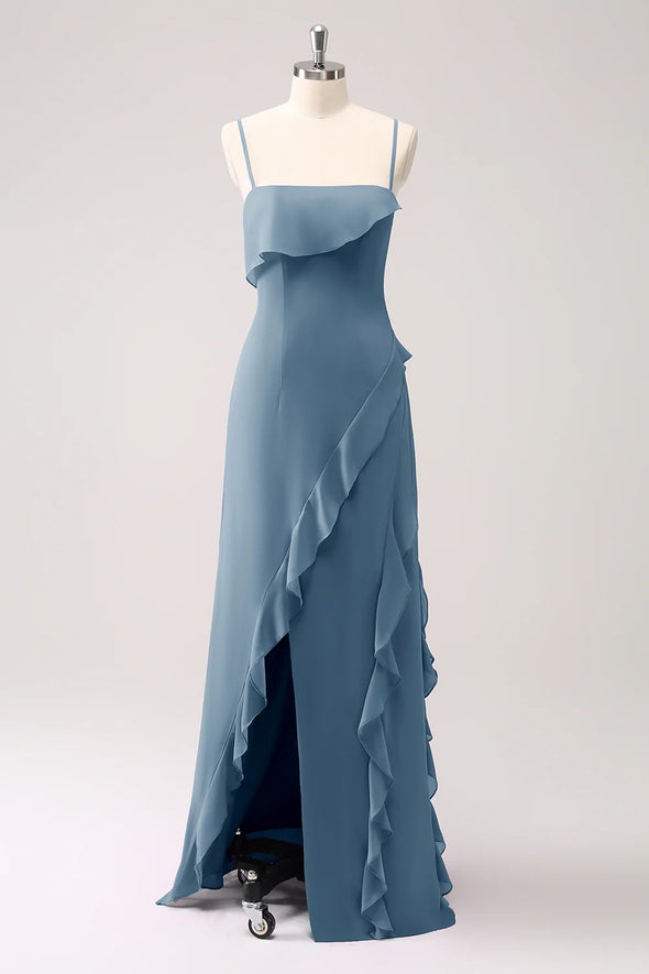 Spaghetti Strap A Line Dusty Blue Long Chiffon Bridesmaid Dress