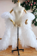 White Tiered Tulle Winter Long Wedding Cape Outfit