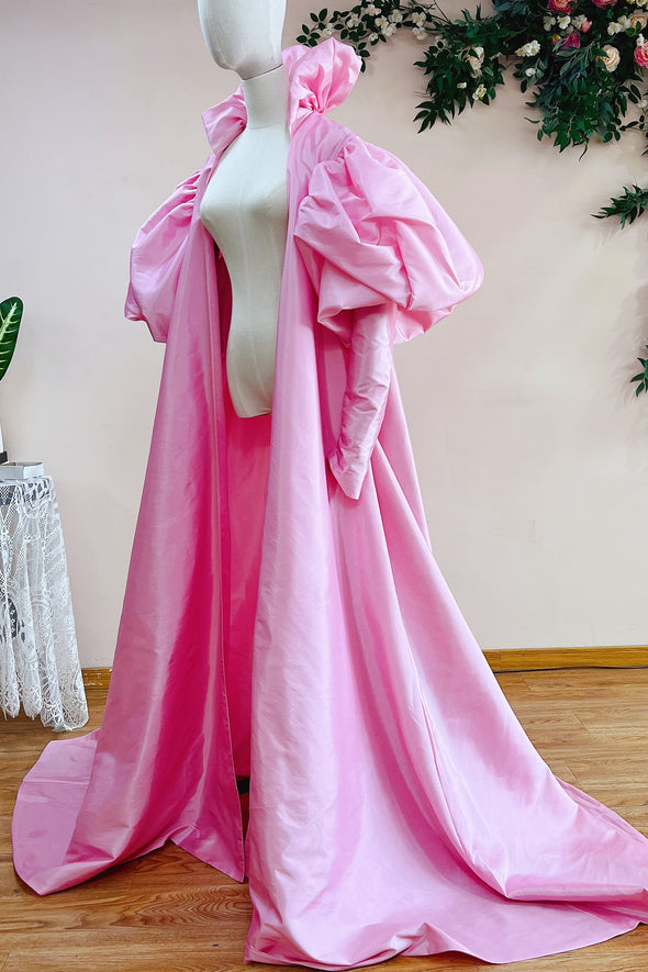 Pink Taffeta High Collar Long Women Fashion Evening Cape