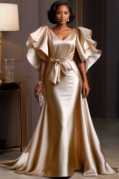 Champagne Mother Of The Bridal Dress V Neck Short Ruffles Sleeves