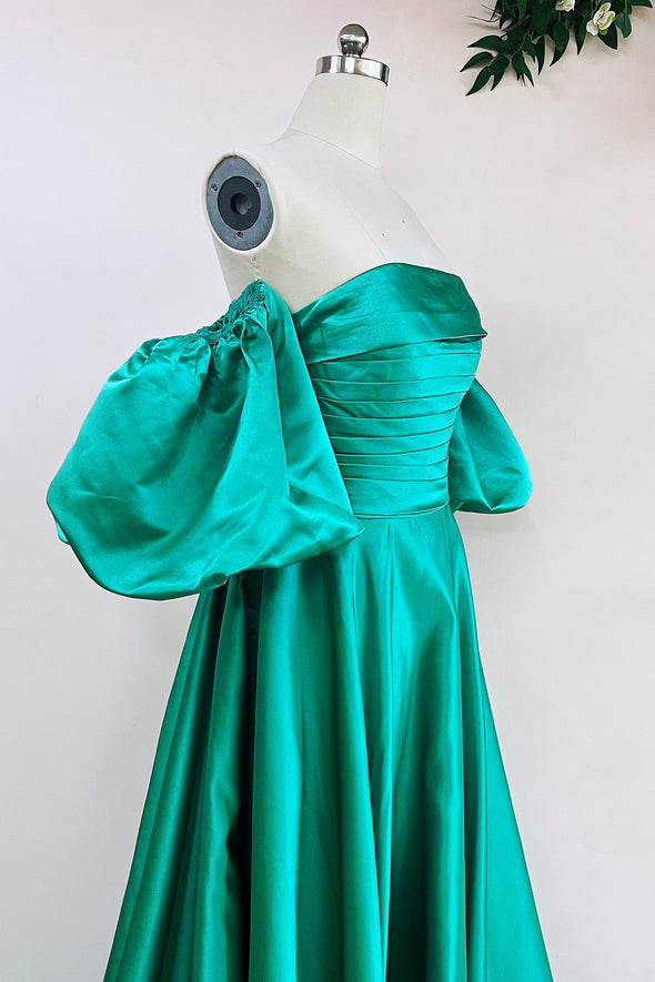 A Line Strapless Sage Green Satin Prom Dress With Detachable Sleeves