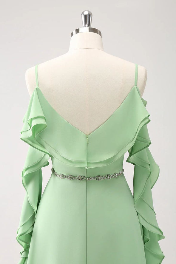 A Line Light Green Long Chiffon Bridesmaid Dress With Ruffles