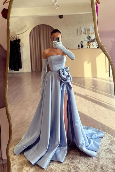 Baby Blue Strapless A-Line Prom Gowns With Split