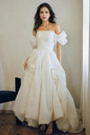 Off The Shoulder Satin Puffy Sleeve Flowers Wedding Dress