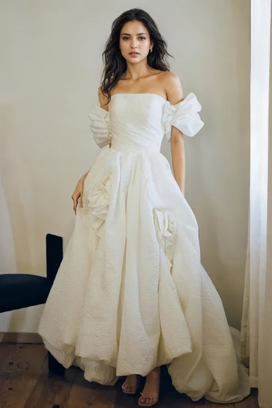 Off The Shoulder Satin Puffy Sleeve Flowers Wedding Dress