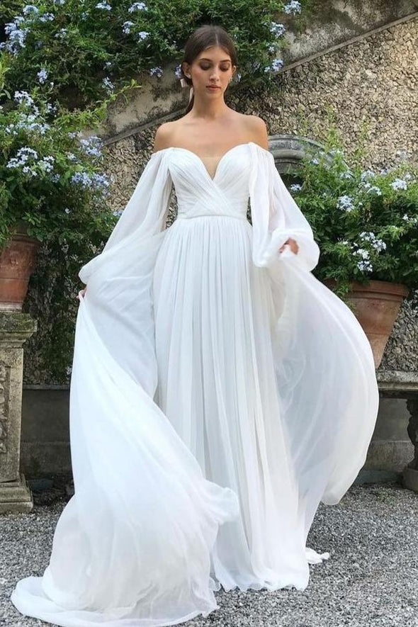 A Line Long Chiffon Wedding Dress Elegant Gown