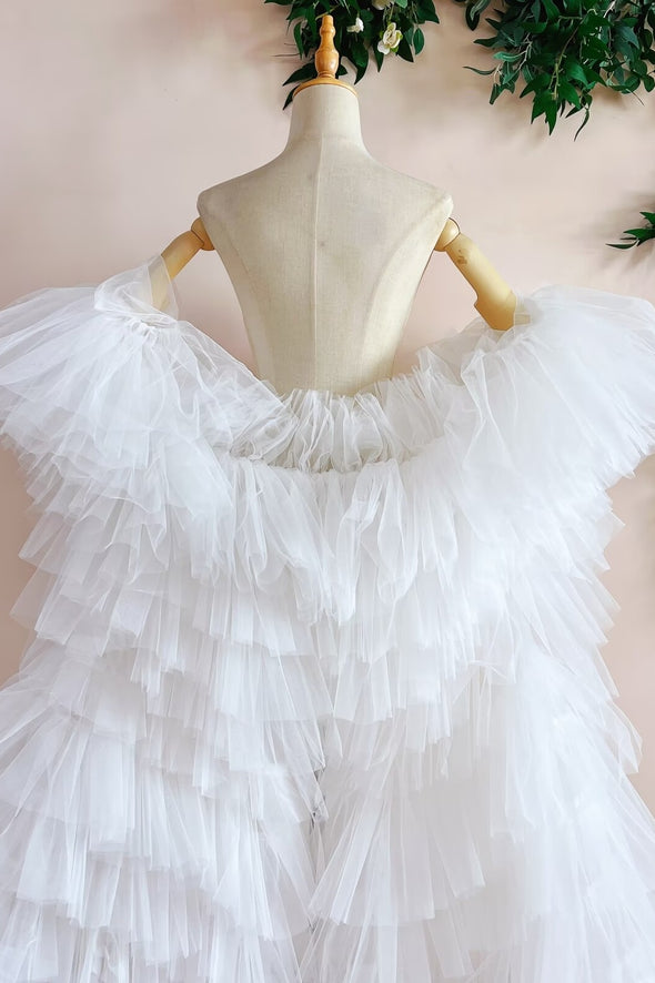 White Tiered Tulle Winter Long Wedding Cape Outfit