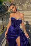 Purple Velvet Long Prom Dress With High Slit