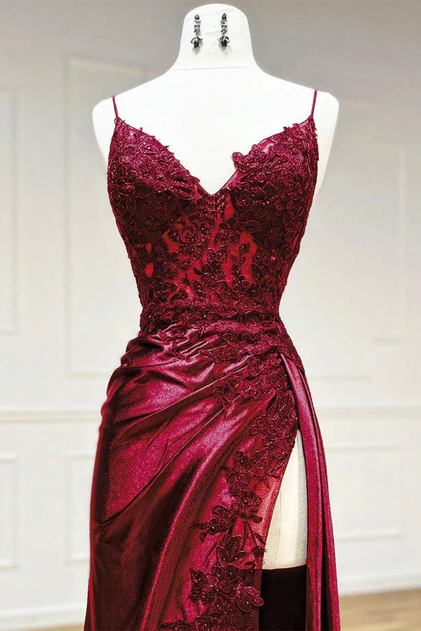 Burgundy Long Mermaid Evening Dress With Lace Appliques