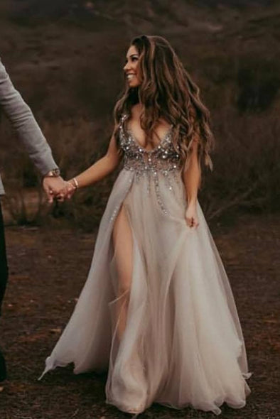 Deep V Sexy Long Prom Dresses With Crystal Bling Bling Split Formal Dress