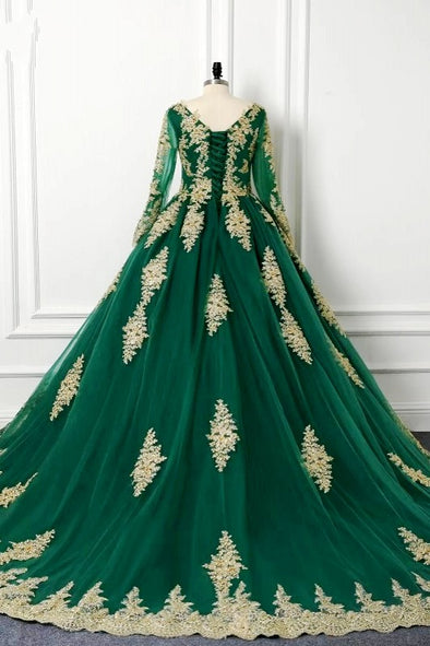 Green Muslim Wedding Dress With Gold Lace Applique Arabic Gown DQG038 ...