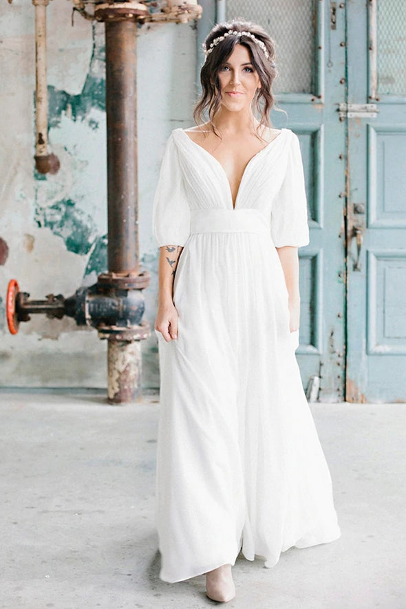 Bohemian V Neck Chiffon A Line Floor Length Wedding Dress