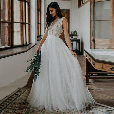 Simple A-Line Lace Tulle Bohemian Wedding Dresses