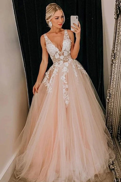 V Neck Lace Appliques Light Coral V Neck Tulle Prom Dress