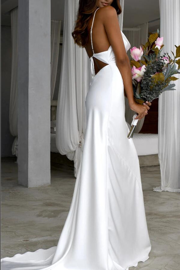 Simple Silk Long Wedding Dress Crew Neck Backless