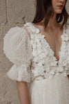 Whimsical Pearl Adorned Soft Pleated Tulle Wedding Dress Puff Sleeves DW687