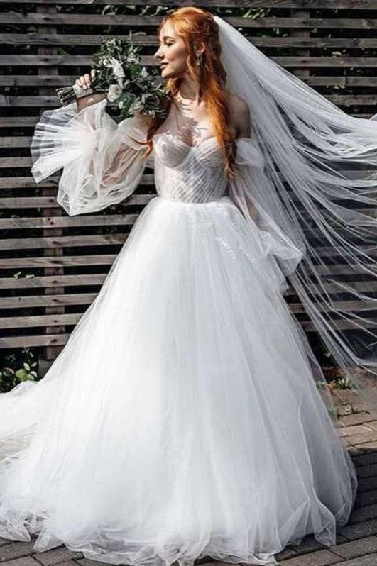 Puff Detachable Long Sleeve Tulle Bohemian Wedding Dress