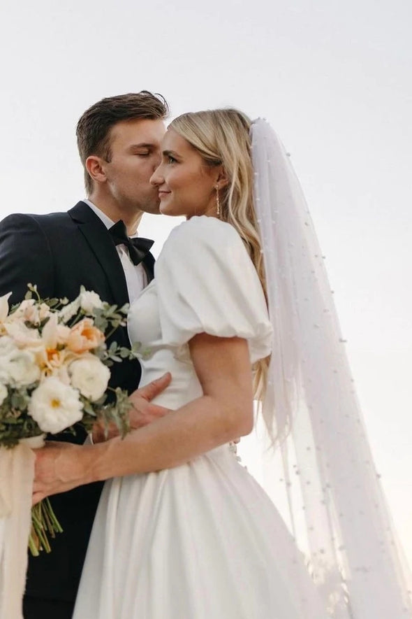 Simple Puffy Sleeves A Line Satin Wedding Gown