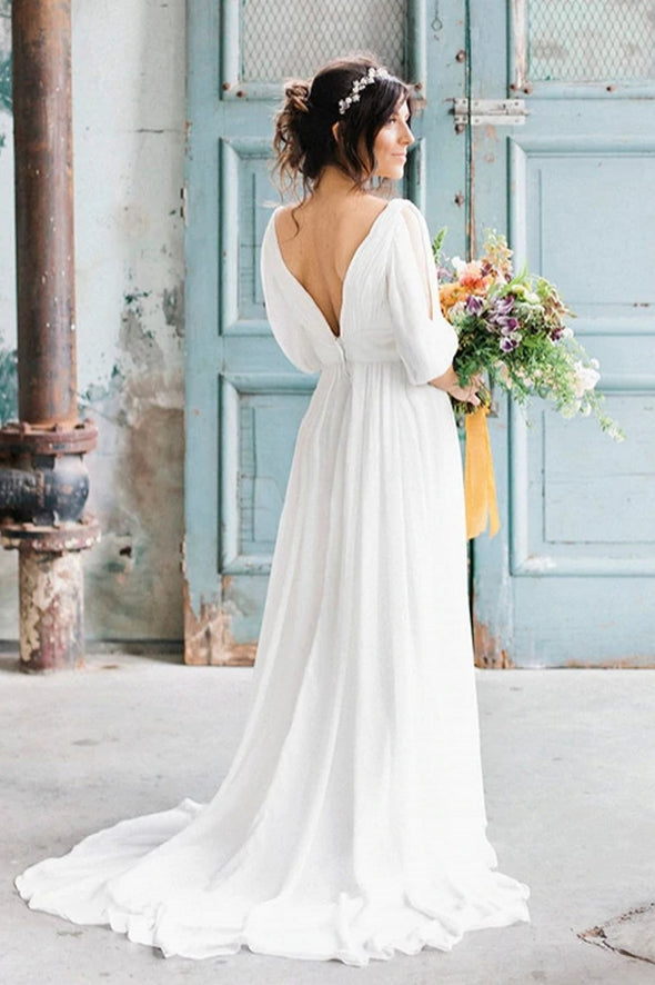 Bohemian V Neck Chiffon A Line Floor Length Wedding Dress