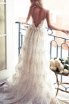 Backless Long A-Line Spaghetti Straps Lace Bridal Dress