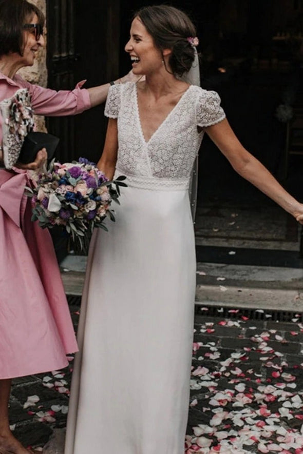 V Neck Short Sleeves Lace Modest A Line Wedding Dress