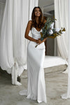 Simple Silk Long Wedding Dress Crew Neck Backless