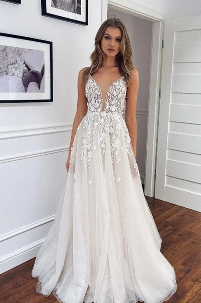 A Line V Neck Light Champagne Appliques Modest Wedding Dresses – TANYA ...