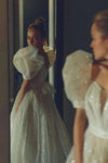 Shiny Glitter Wedding Dresses with Puff Short Sleeves