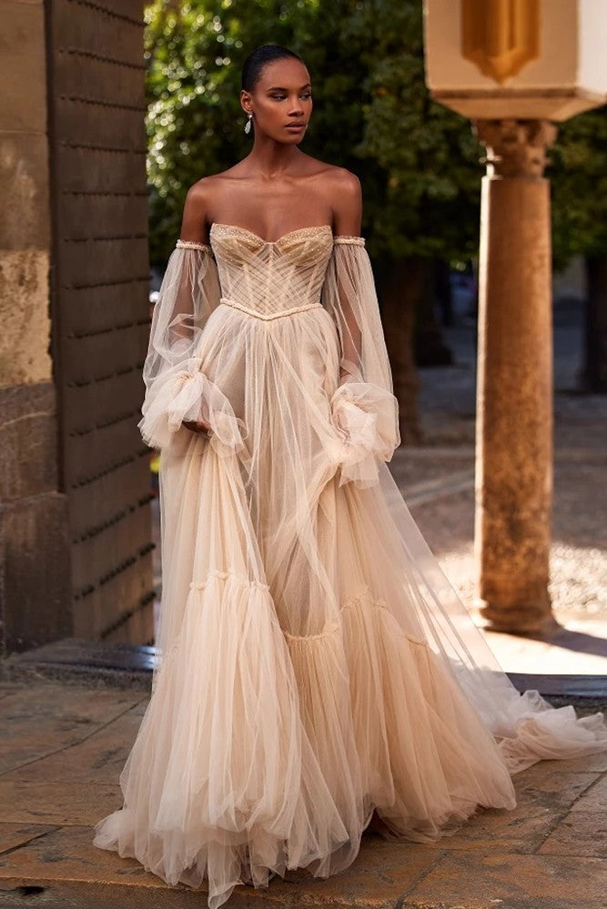 Chaampagne Wedding Dresses Layers Tulle With Detachable Sleeves