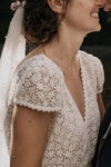 V Neck Short Sleeves Lace Modest A Line Wedding Dress