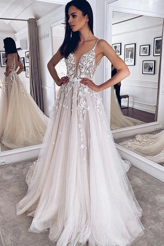Neck Wedding Dresses Light Champagne Floor Length Applique Open Back A Line  Backless Bridal Gowns (Size : 4) (20 Plus)