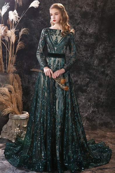 Long Sleeves Arabic Green Sequins Formal Evening Dresses