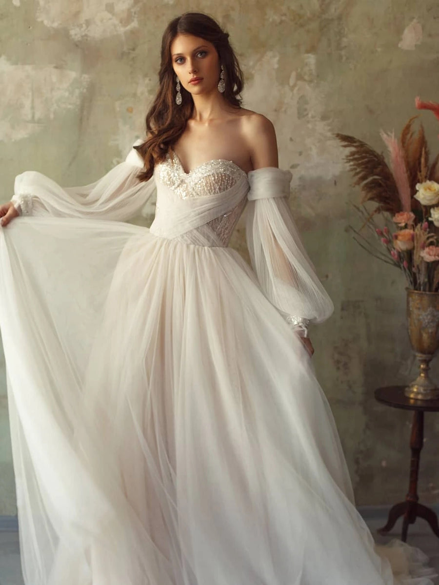 Off The Shoulder Tulle Wedding Dress Long Sleeve A Line Wedding Dress ...