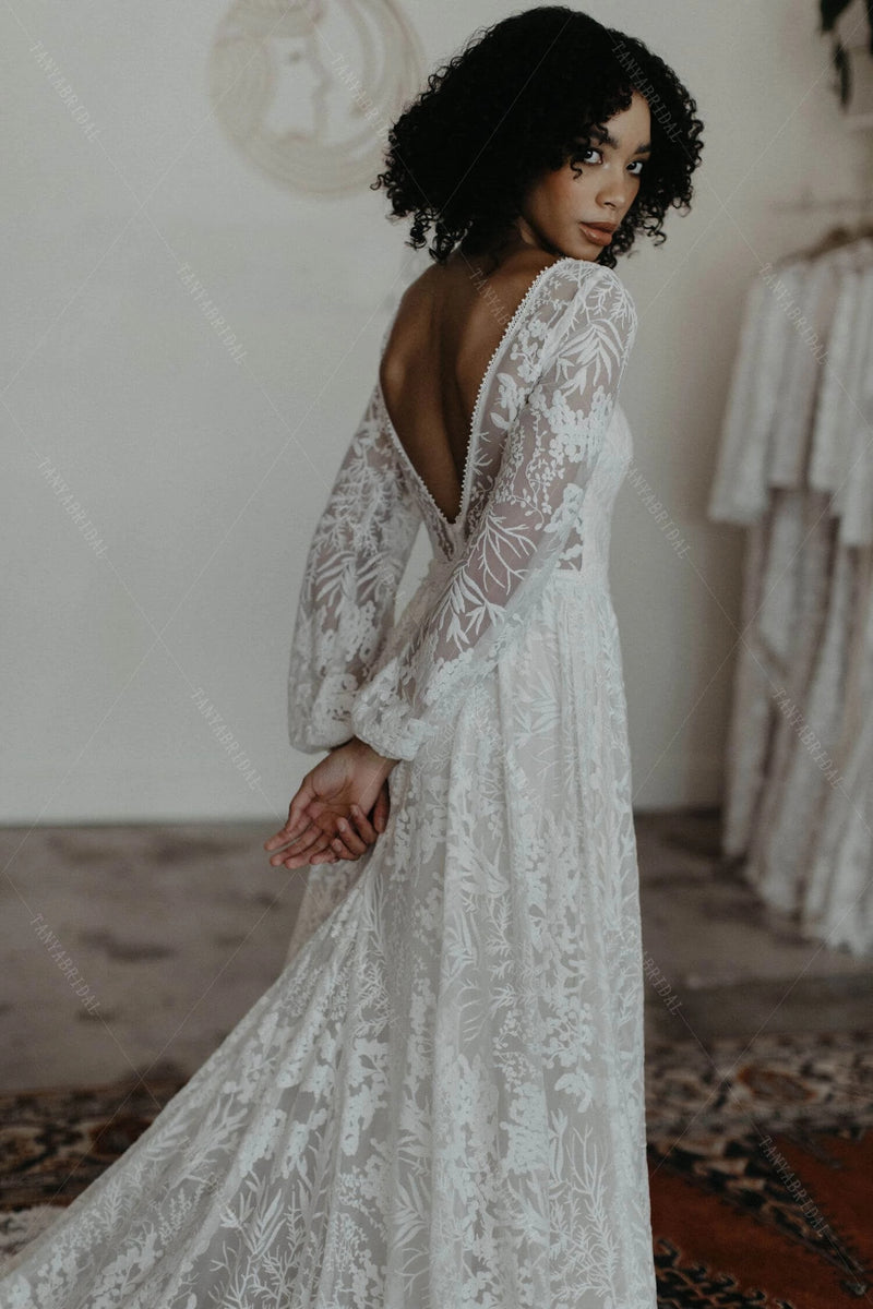 Long sleeve A Line V-Neck Leaf Lace Wedding Dresses ZW516 – TANYA BRIDAL