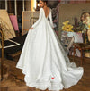 V Neck Long Sleeves Ivory A Line Lace Wedding Dresses With 30cm Train