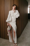 Long Lantern Sleeve Sparkly Satin Wedding Dresses Backless Side Split DW650