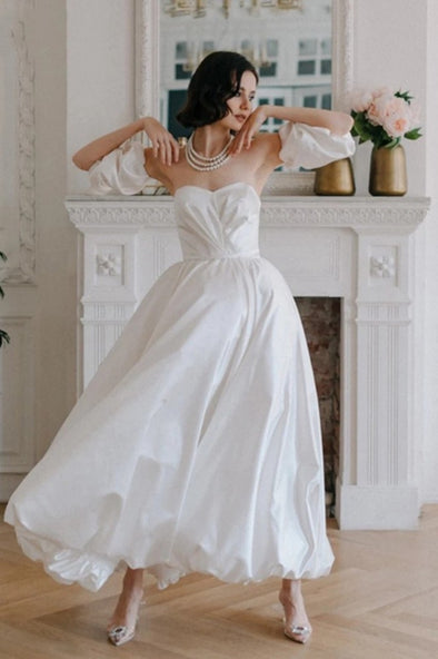 Taffeta A Line Wedding Dresses Ankle Length With Cloud Detachable Sleeves DW648