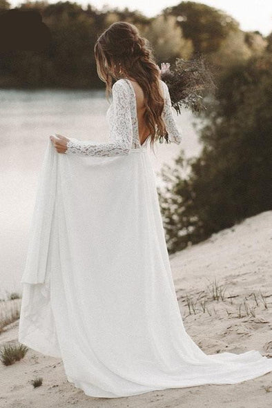 Beach Wedding Dress Long Sleeve Boho V Neck Open Back Bridal Dresses